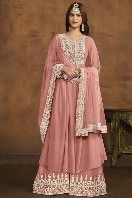 Classic Peach Color Festive Wear Palazzo Suit In Georgette Fabric