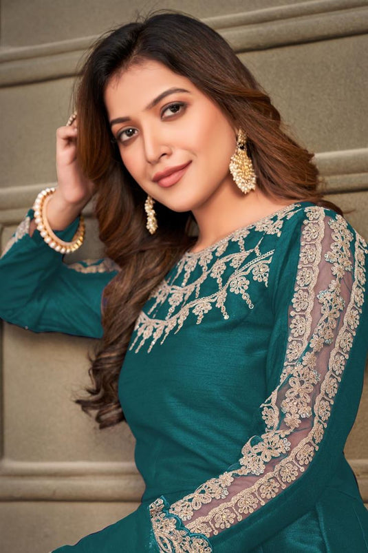 Teal Color Glittering Art Silk Fabric Function Style Anarkali Suit