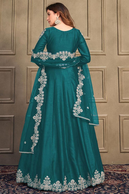 Teal Color Glittering Art Silk Fabric Function Style Anarkali Suit