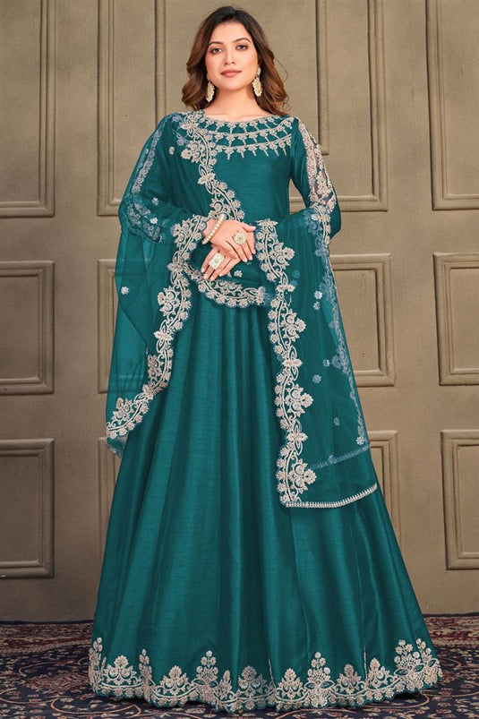 Teal Color Glittering Art Silk Fabric Function Style Anarkali Suit