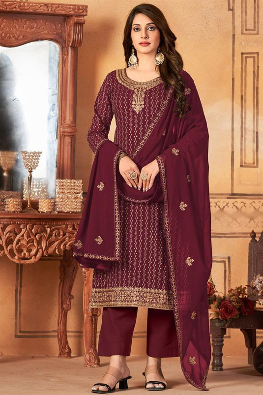 Maroon Color Georgette Fabric Beatific Function Wear Salwar Suit