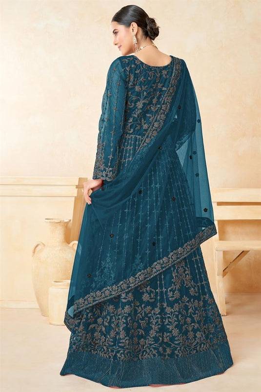 Excellent Net Fabric Teal Color Sangeet Wear Anarkali Suit