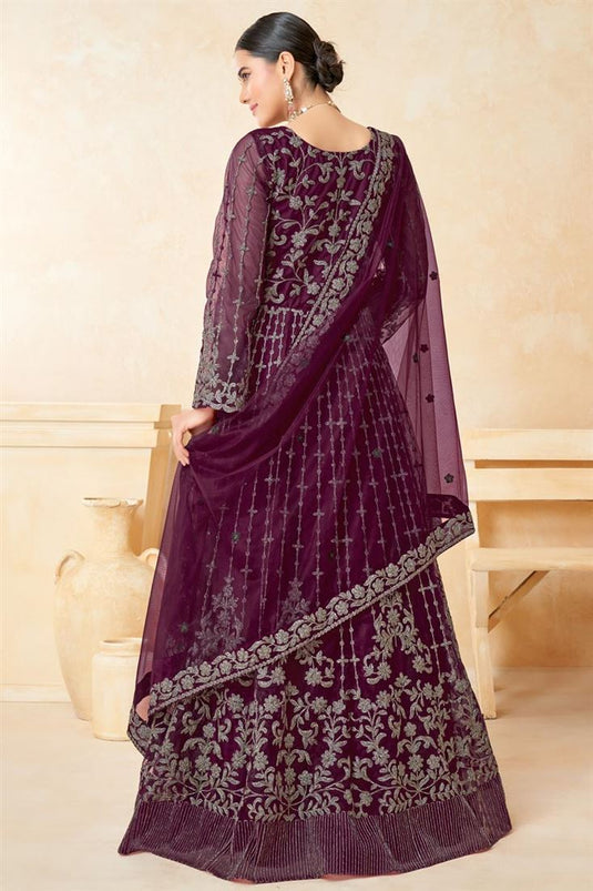 Purple Color Net Fabric Elegant Sangeet Wear Anarkali Suit