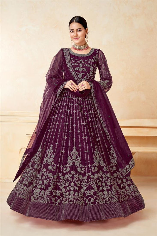 Purple Color Net Fabric Elegant Sangeet Wear Anarkali Suit