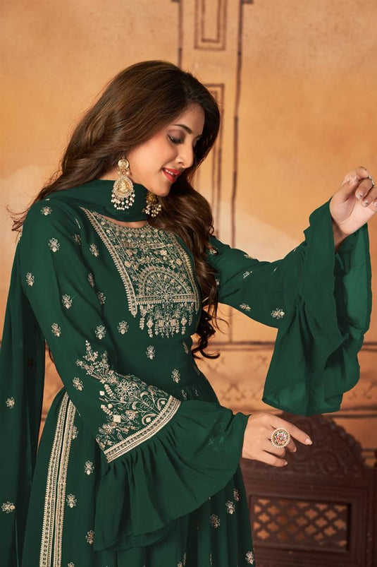 Georgette Fabric Green Color Dazzling Embroidered Palazzo Suit