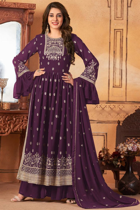 Radiant Purple Color Georgette Fabric Embroidered Palazzo Suit