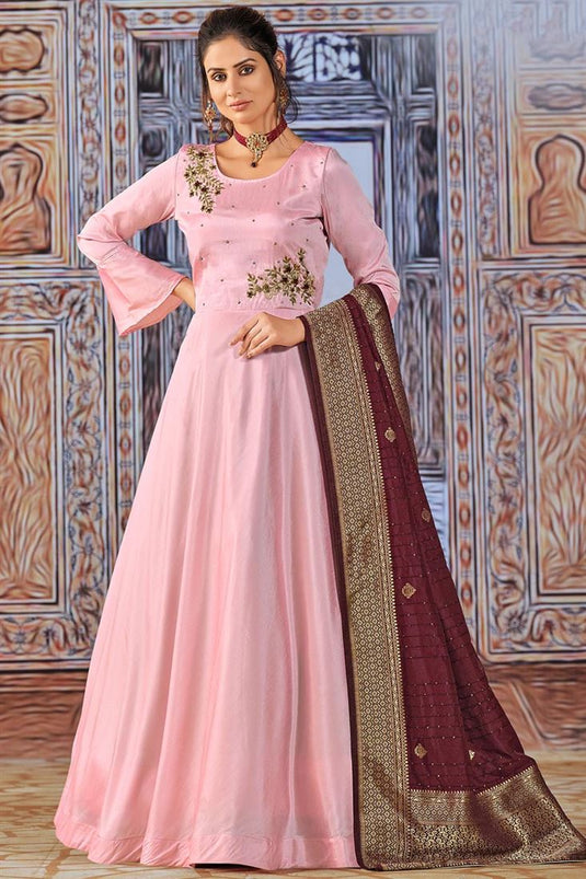 Pink Color Embellished Art Silk Fabric Savvy Suri Anarkali Suit With Contrast Dupatta