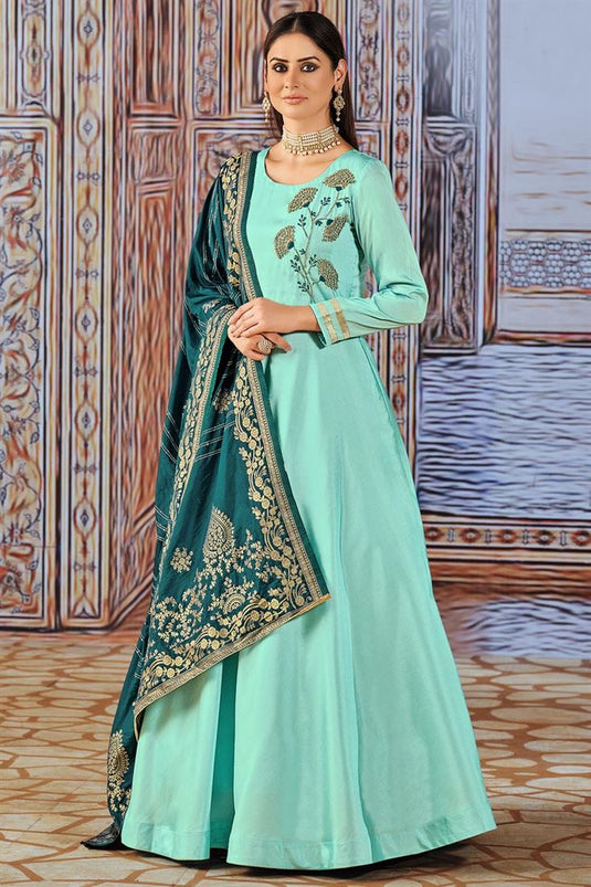 Sea Green Color Art Silk Fabric Ravishing Savvy Suri Anarkali Suit With Contrast Dupatta