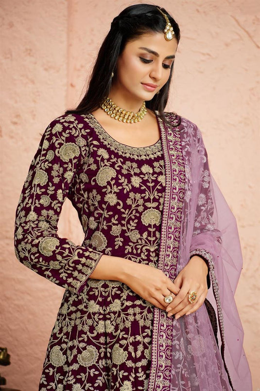 Purple Color Festive Wear Embroidered Velvet Fabric Designer Anarkali Suit