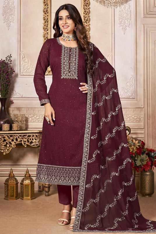 Georgette Fabric Maroon Color Glamorous Embroidered Salwar Suit