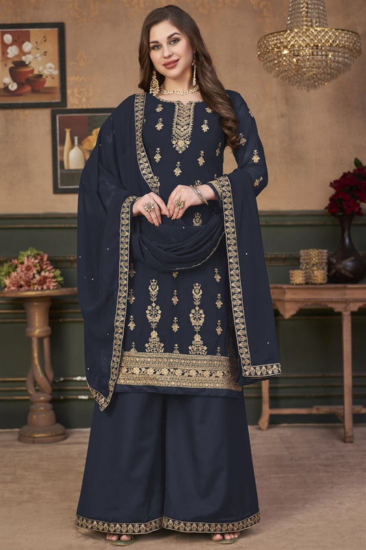 Festive Wear Georgette Fabric Navy Blue Color Embroidered Brilliant Palazzo Suit