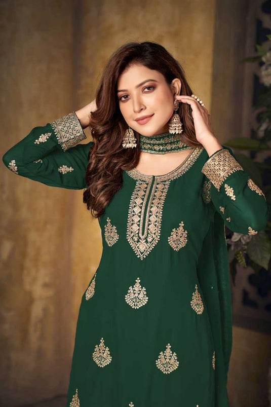 Dark Green Color Charming Georgette Fabric Function Wear Palazzo Suit With Embroidered Work