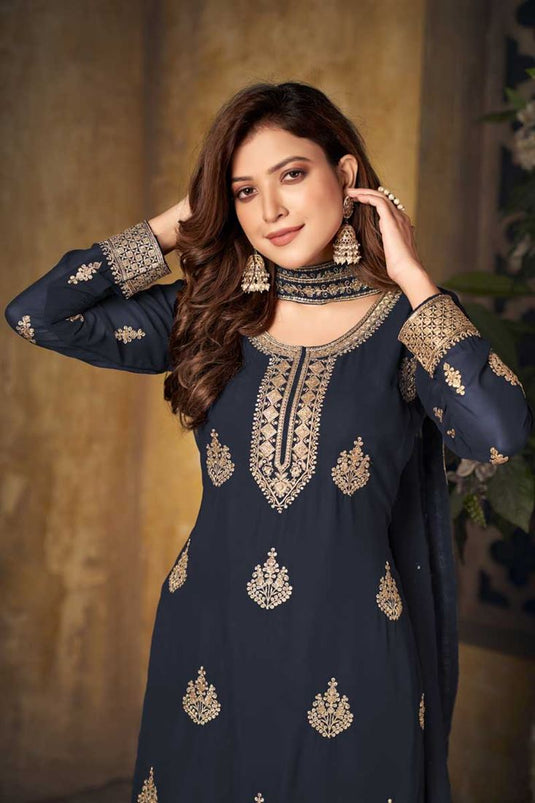 Georgette Fabric Attractive Navy Blue Color Function Wear Palazzo Suit With Embroidered Work