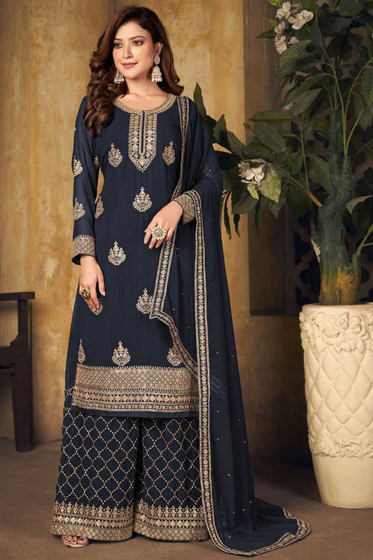 Georgette Fabric Attractive Navy Blue Color Function Wear Palazzo Suit With Embroidered Work