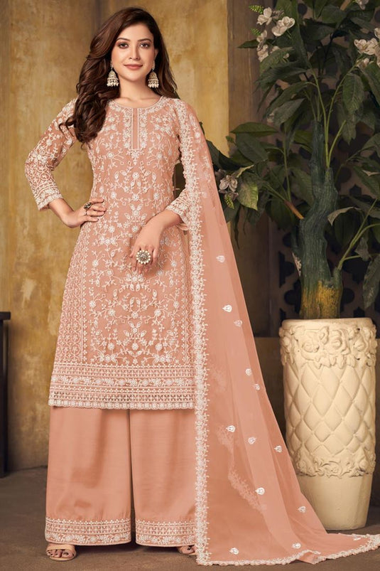 Festival Wear Pleasant Net Fabric Embroidered Palazzo Suit In Peach Color