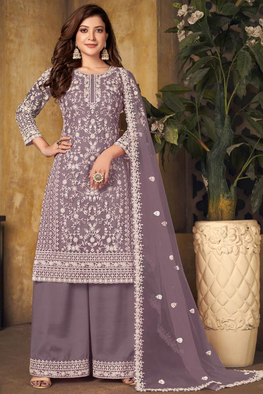 Stunning Lavender Color Net Fabric Embroidered Palazzo Suit