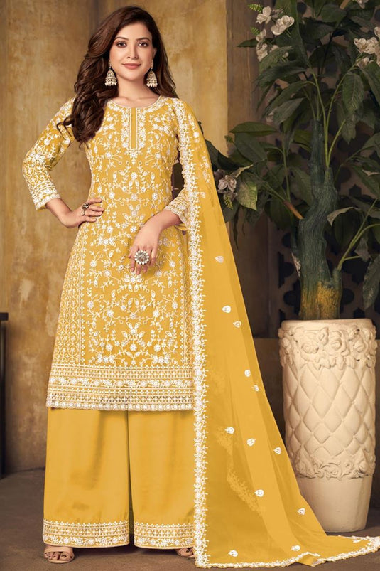 Yellow Color Net Fabric Attractive Embroidered Palazzo Suit