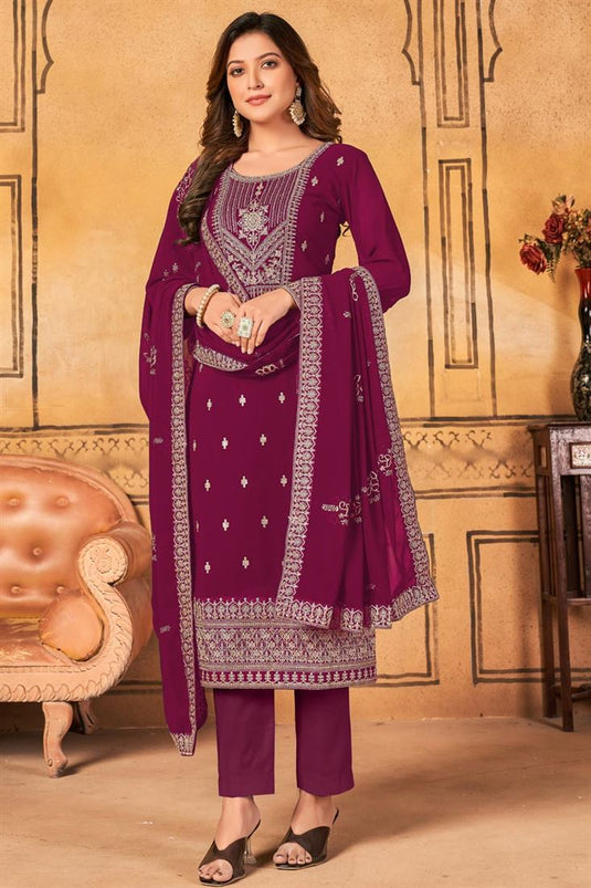 Marvellous Georgette Fabric Embroidered Salwar Suit In Rani Color