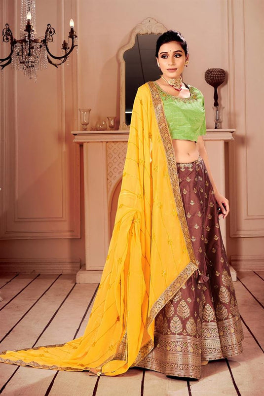 Brown Color Sangeet Wear Weaving Work Delicate Lehenga In Art Silk Fabric