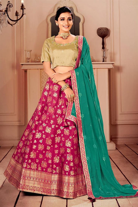 Sangeet Wear Art Silk Fabric Rani Color Chic Lehenga With Weaving Work