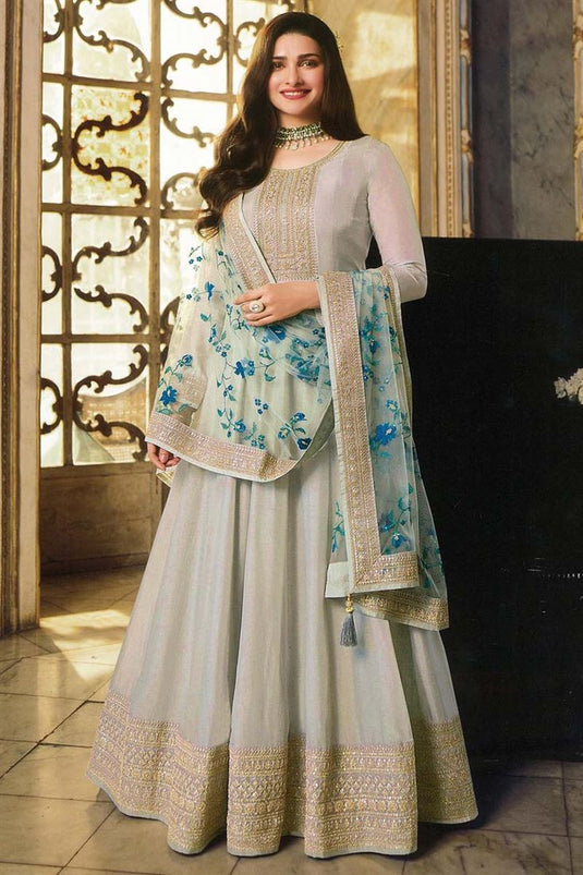 Tempting Art Silk Fabric Off White Color Function Wear Anarkali Suit Featuring Prachi Desai With Embroidered Work
