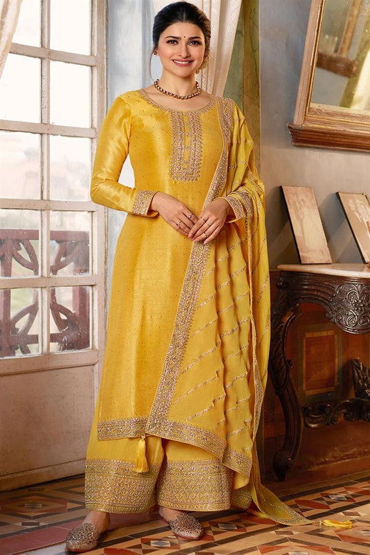 Georgette Fabric Function Wear Yellow Color Embroidered Work Delicate Palazzo Suit Featuring Prachi Desai