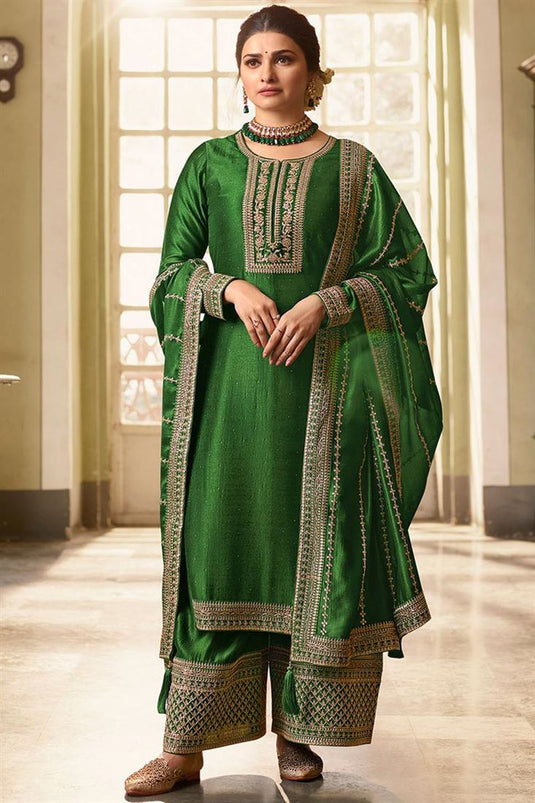 Georgette Fabric Function Wear Embroidered Work Brilliant Palazzo Suit Featuring Prachi Desai In Green Color