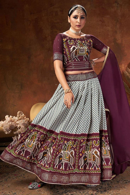 Sangeet Wear Wine Color Digital Patola Printed Work Attractive Lehenga In Art Silk Fabric