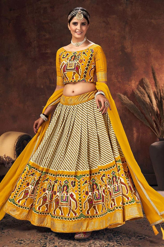 Digital Patola Printed Designs On Yellow Color Art Silk Fabric Designer Lehenga In Sangeet Wear