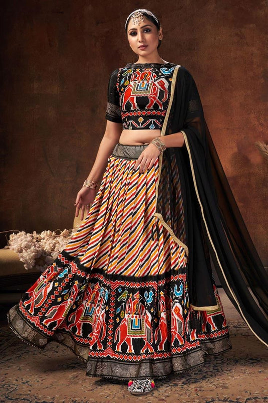 Digital Patola Printed Work On Black Color Sangeet Wear Gorgeous Lehenga In Art Silk Fabric