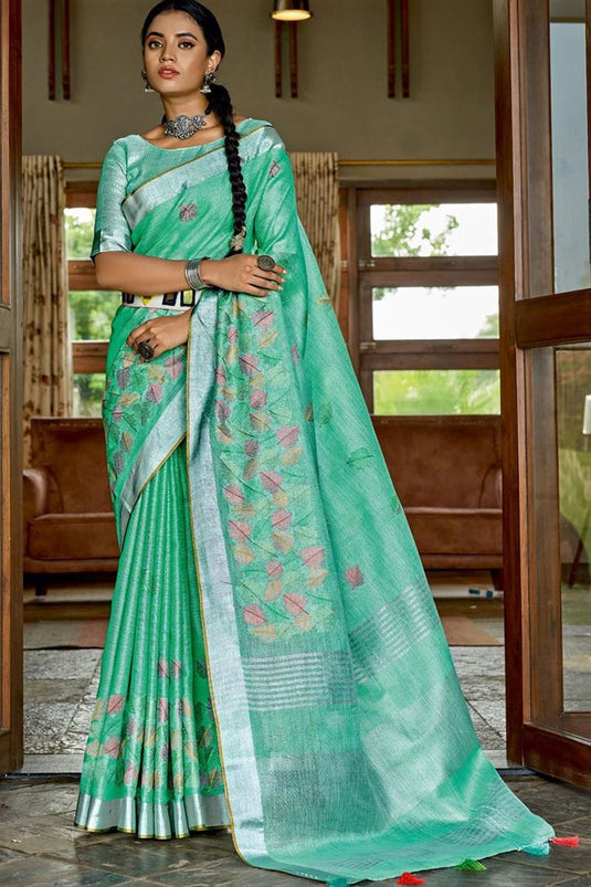 Festive Look Linen Fabric Sea Green Color Graceful Saree