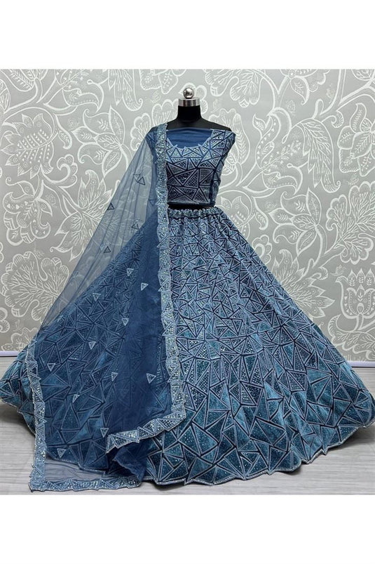 Blue Color Fantastic Net Bridal Lehenga Choli With Thread Sequins Work