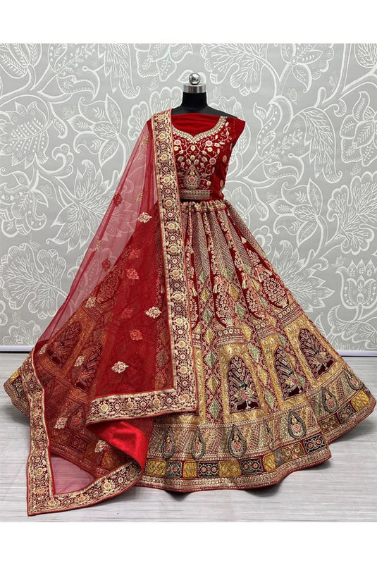 Velvet Multi Red Bridal Lehenga Choli