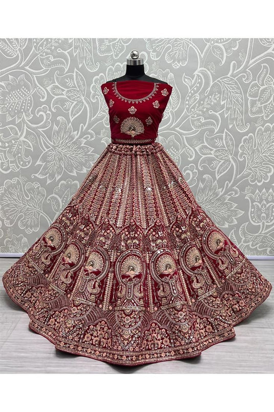 Ingenious Thread Embroidered Pink Velvet Bridal Lehenga