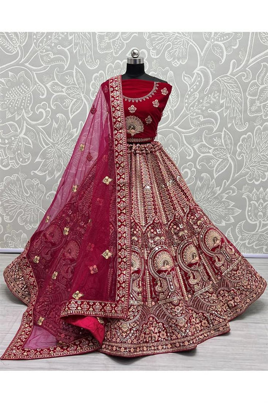 Ingenious Thread Embroidered Pink Velvet Bridal Lehenga