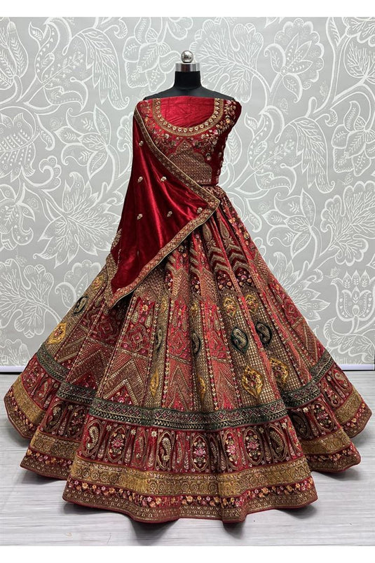 Luxurious Velvet Bridal Red Color Lehenga with Embroidered For Wedding