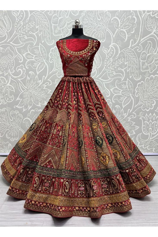 Luxurious Velvet Bridal Red Color Lehenga with Embroidered For Wedding