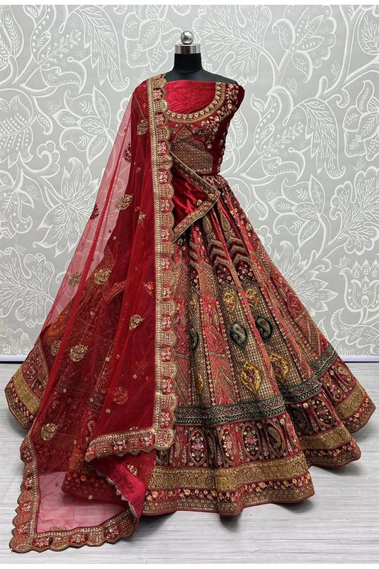 Luxurious Velvet Bridal Red Color Lehenga with Embroidered For Wedding