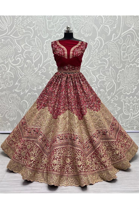 Velvet Fabric Dazzling Embroidered Bridal Lehenga in Pink Color For Wedding