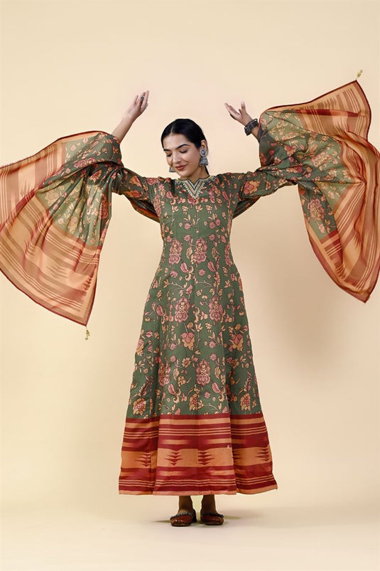 Function Wear Printed Green Color Fashionable Long Readymade Gown With Dupatta In Art Silk Fabric