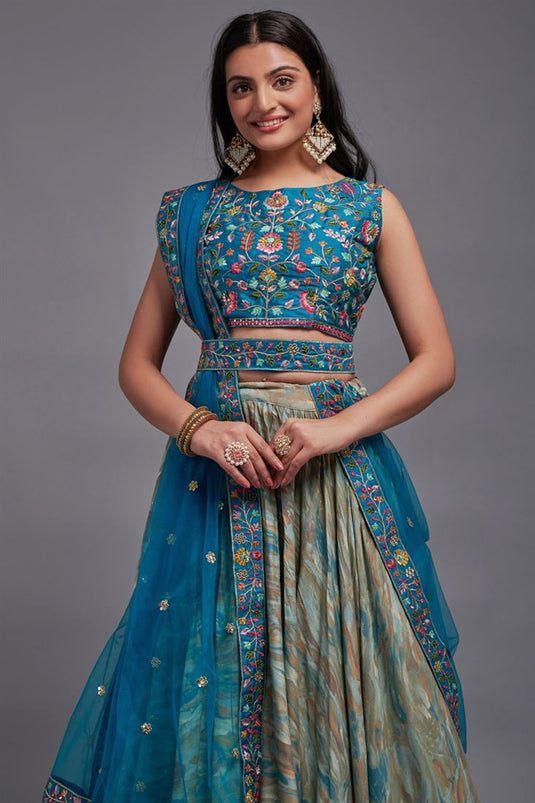 Engaging Cyan Color Art Silk Fabric Embroidered Work Wedding Wear Lehenga Choli