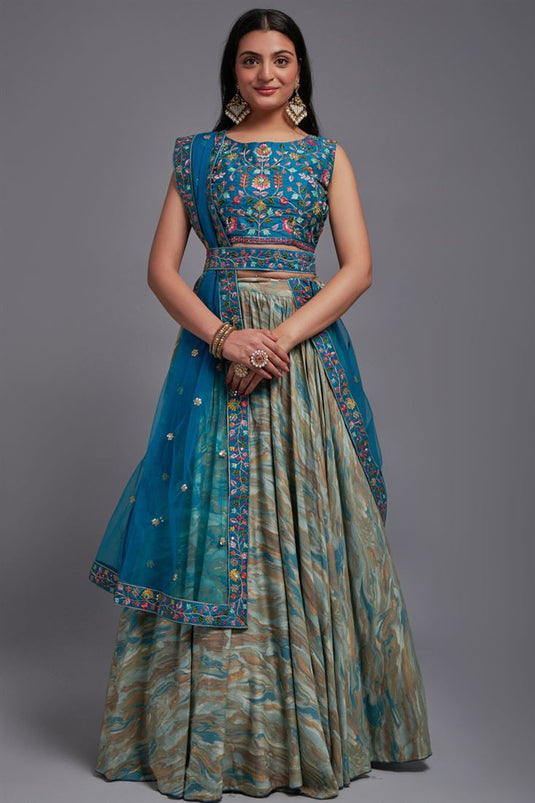 Engaging Cyan Color Art Silk Fabric Embroidered Work Wedding Wear Lehenga Choli