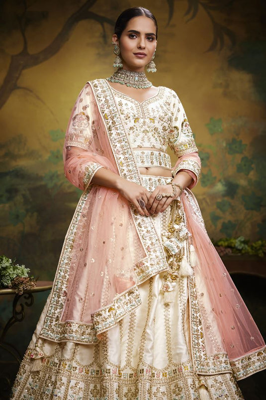 Heavy Embroidered Off White Color Bridal Look Fancy Lehenga Choli In Silk Fabric