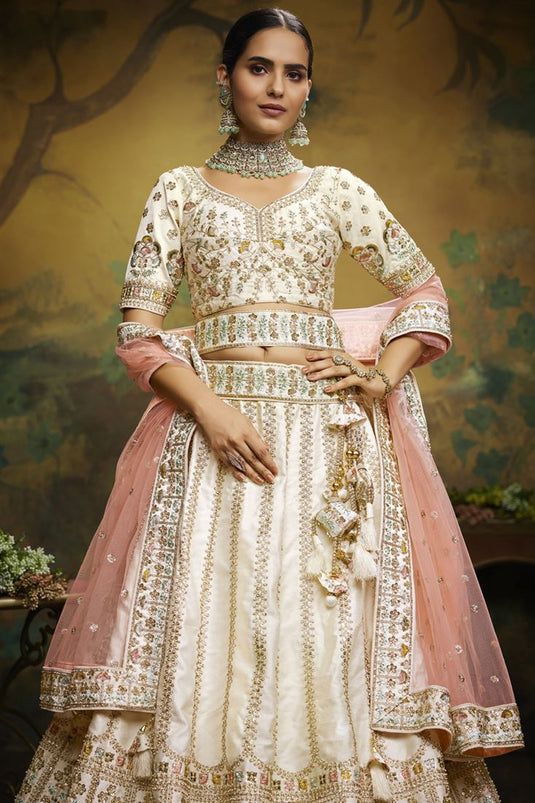 Heavy Embroidered Off White Color Bridal Look Fancy Lehenga Choli In Silk Fabric