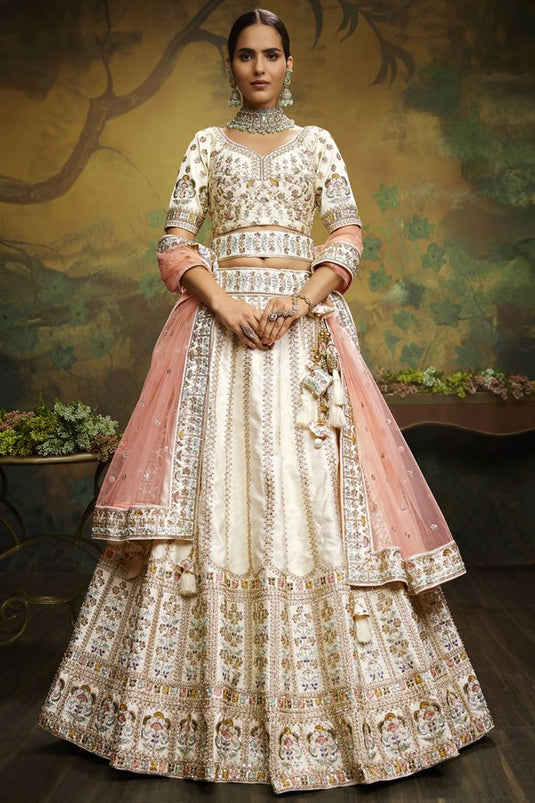 Heavy Embroidered Off White Color Bridal Look Fancy Lehenga Choli In Silk Fabric