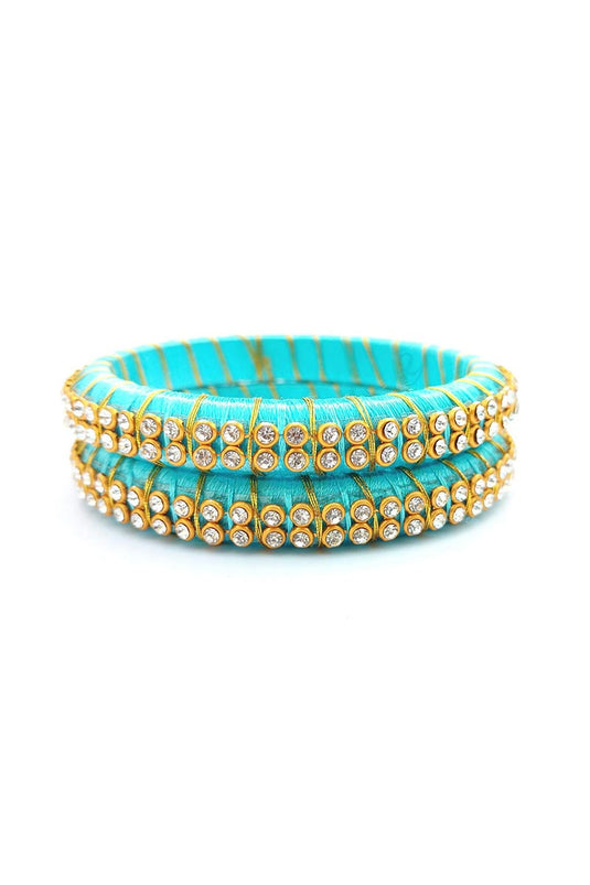 Turquoise Color Customized Silk Thread Handmade Bangles Set