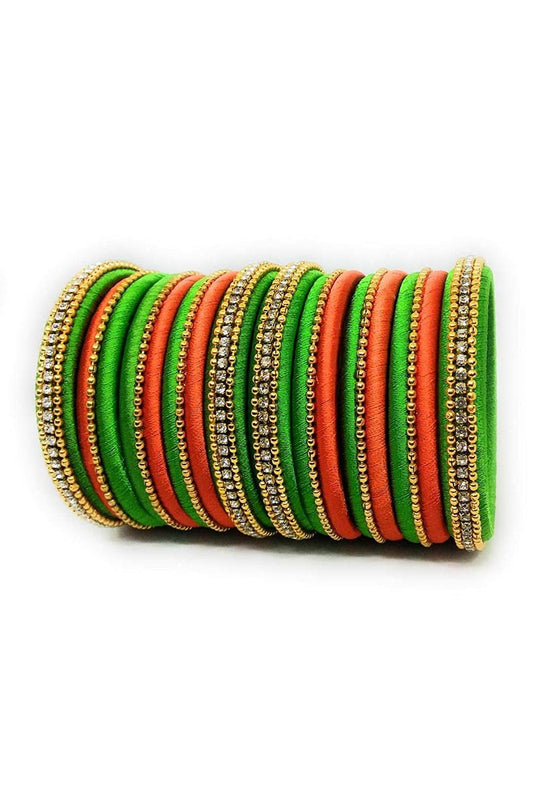 Designer Silk Thread Handmade Bangle Jewellery In Green And Orange