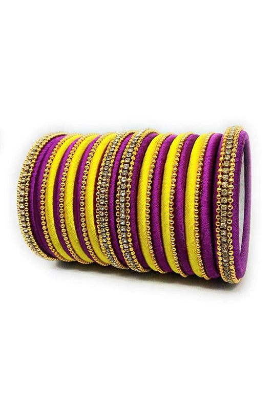 Purple And Yellow Handmade Silk Thread Designer Bangles Set For Function