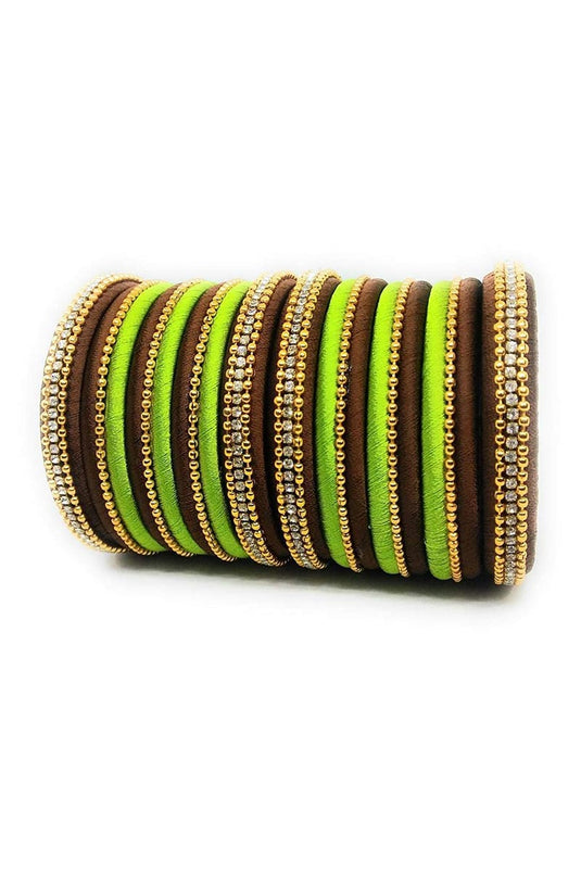 Brown And Green Handmade Silk Thread Designer Bangles Set For Function