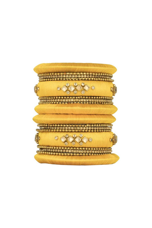 Yellow Handmade Silk Thread Designer Bangle Set For Function